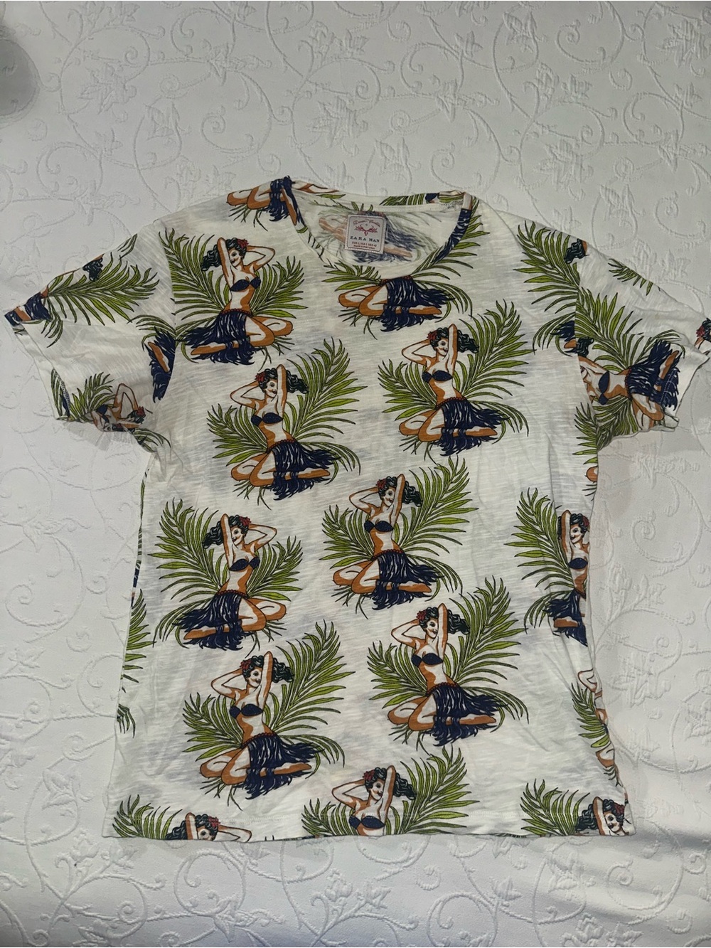 Zara White Short Sleeve Tropical Print Shirt with Green & Navy